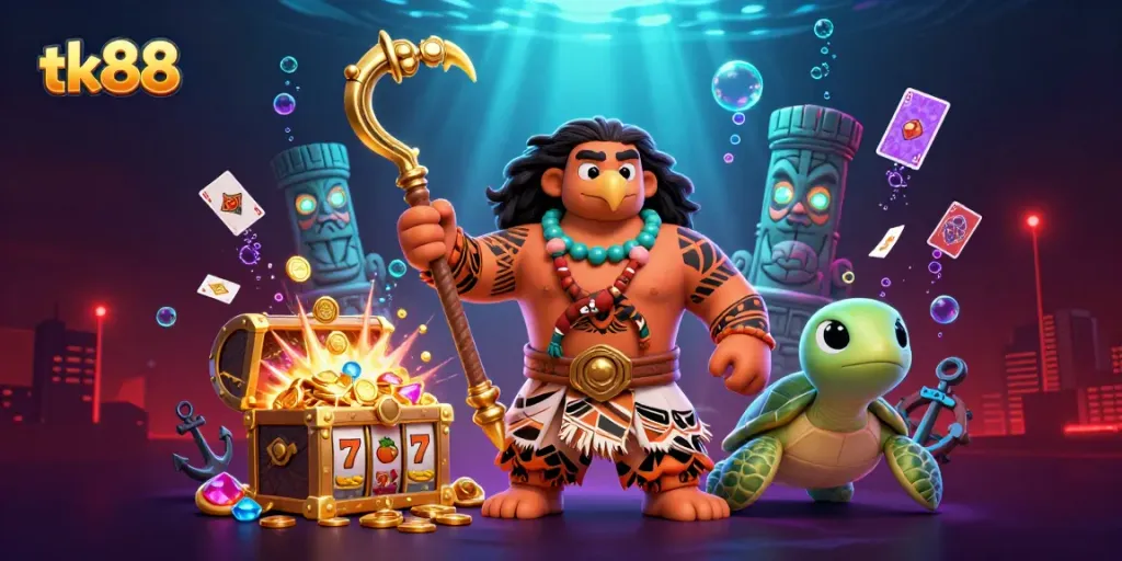 Experience the thrill of tk88 slots with a captivating 3D illustration of a hawk demigod and turtle.