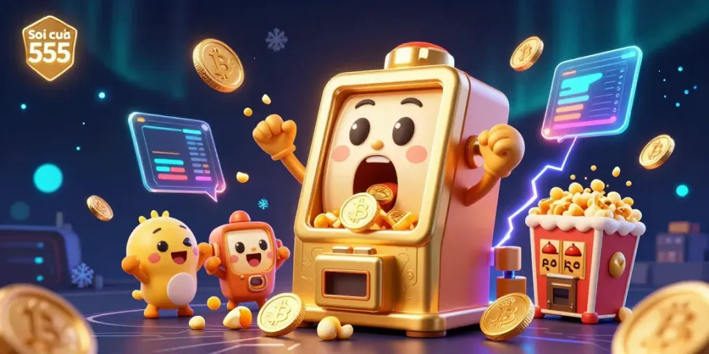 Soi cầu 555 celebrates a golden slot machine jackpot as cheering baby machines and coins surround it, creating a lively scene.