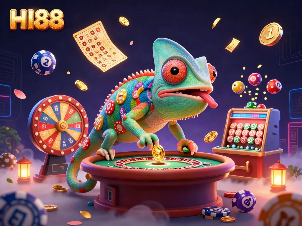 Engage in thrilling gameplay at HI88 featuring a colorful casino owner, lottery elements, and dynamic visuals.