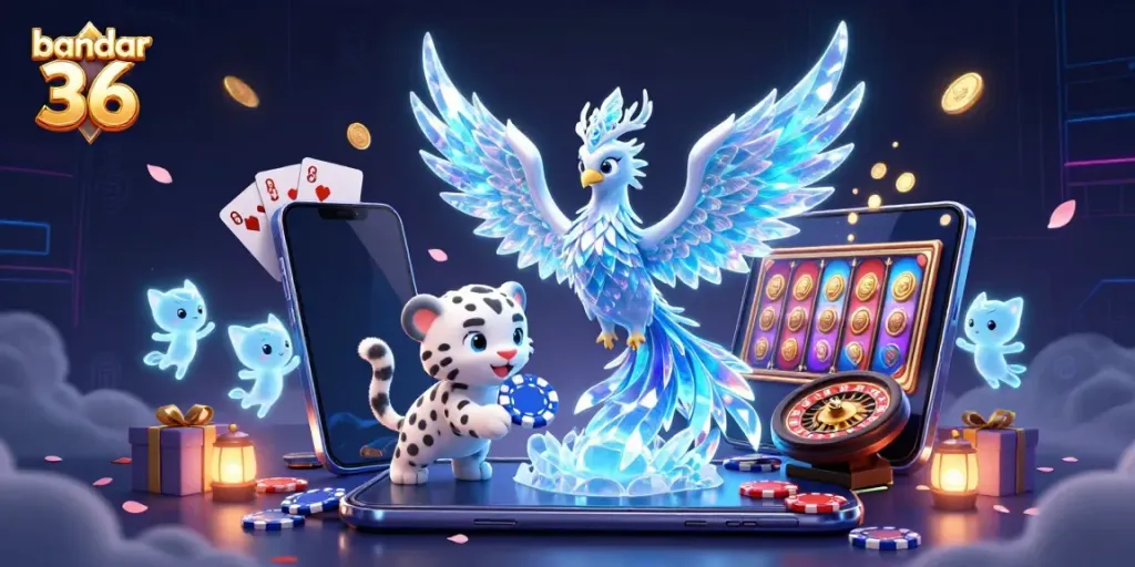 Bandar 36, phoenix es dengan chip poker dan sprite bercahaya di tengah permainan slot online.