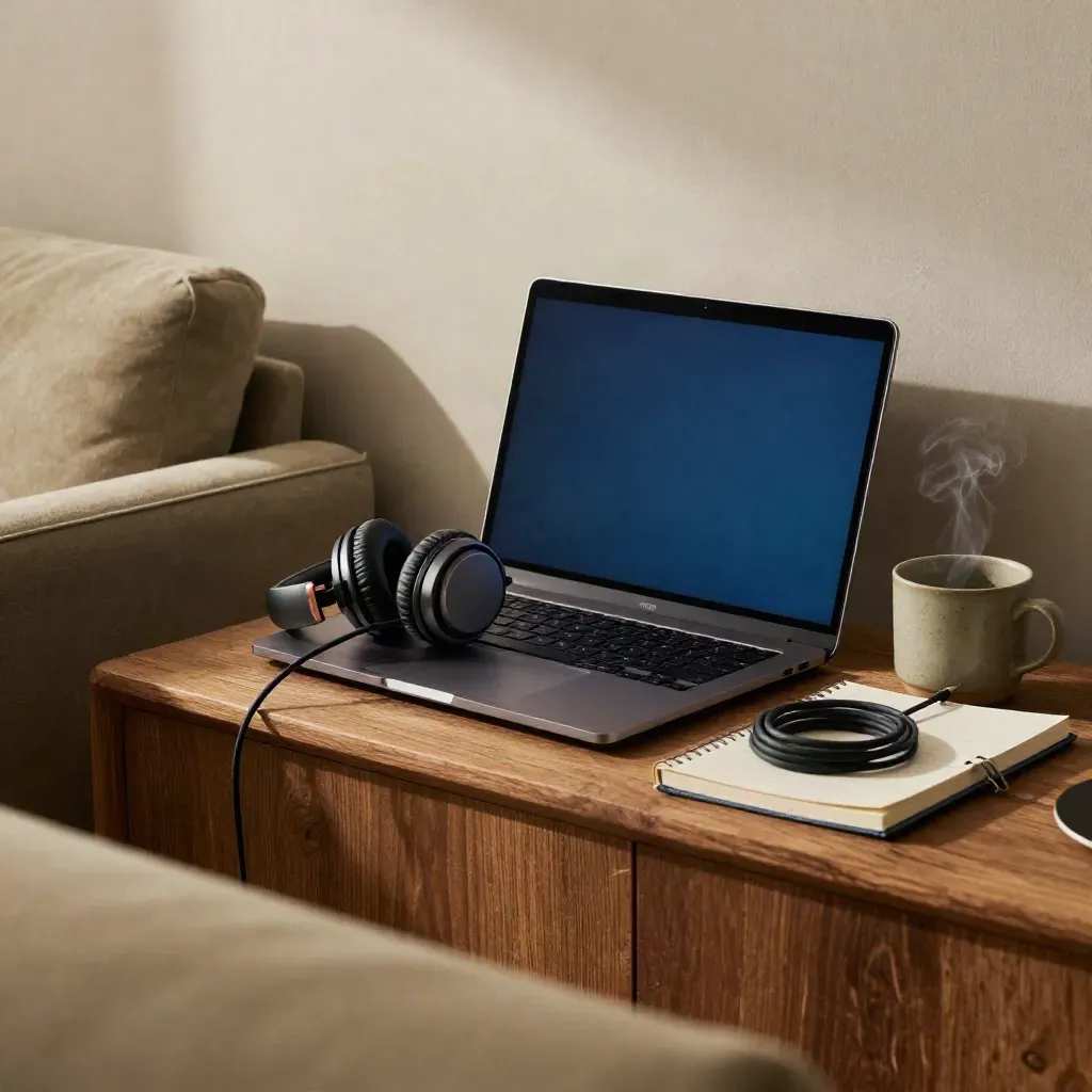Ciemny kąt domu do kursów online: zamknięty laptop, słuchawki, notes, kubek i kabel na dębowej półce.