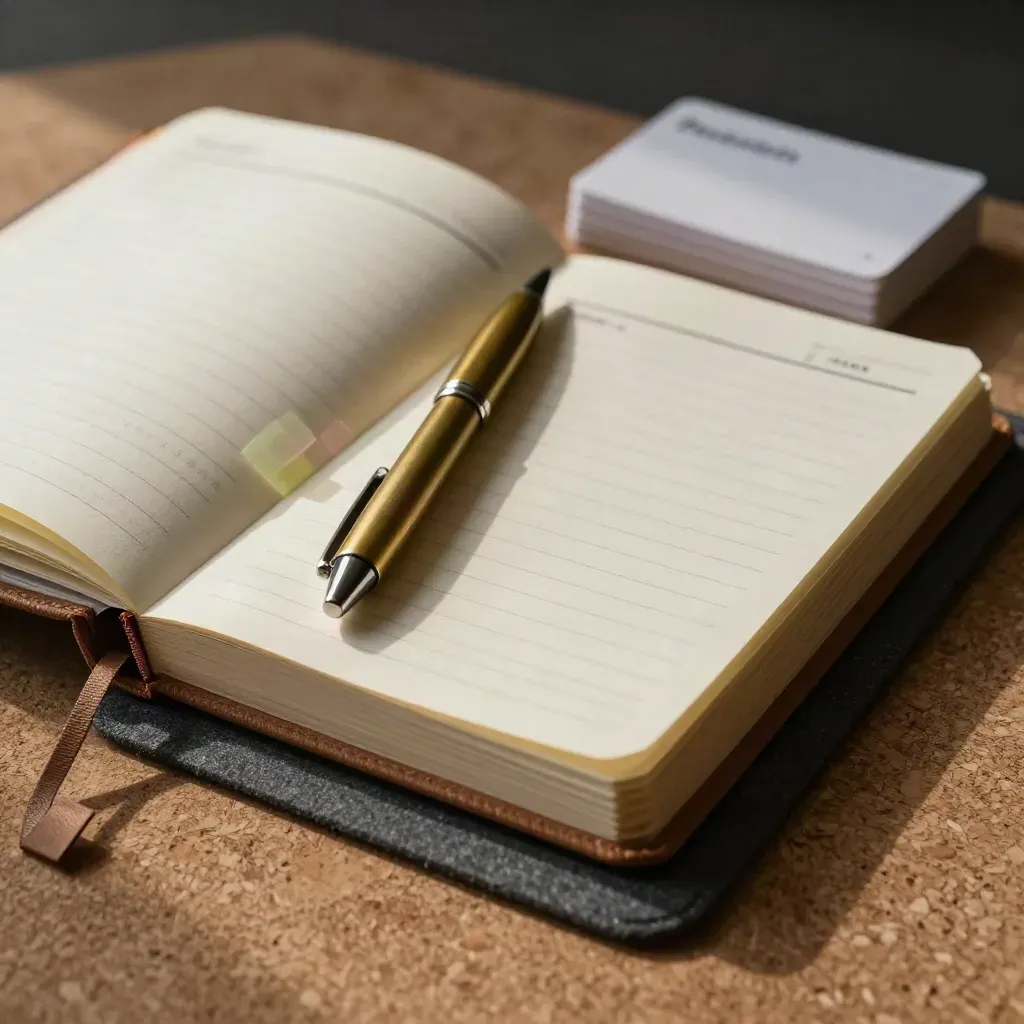 Planner, mosiężne pióro i karteczki na teksturowanej powierzchni biurka