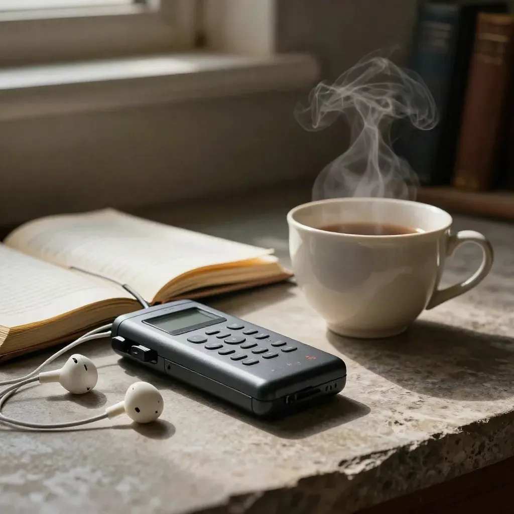 Rekorder audio, słuchawki, zamknięty słownik i filiżanka herbaty na kamiennej powierzchni