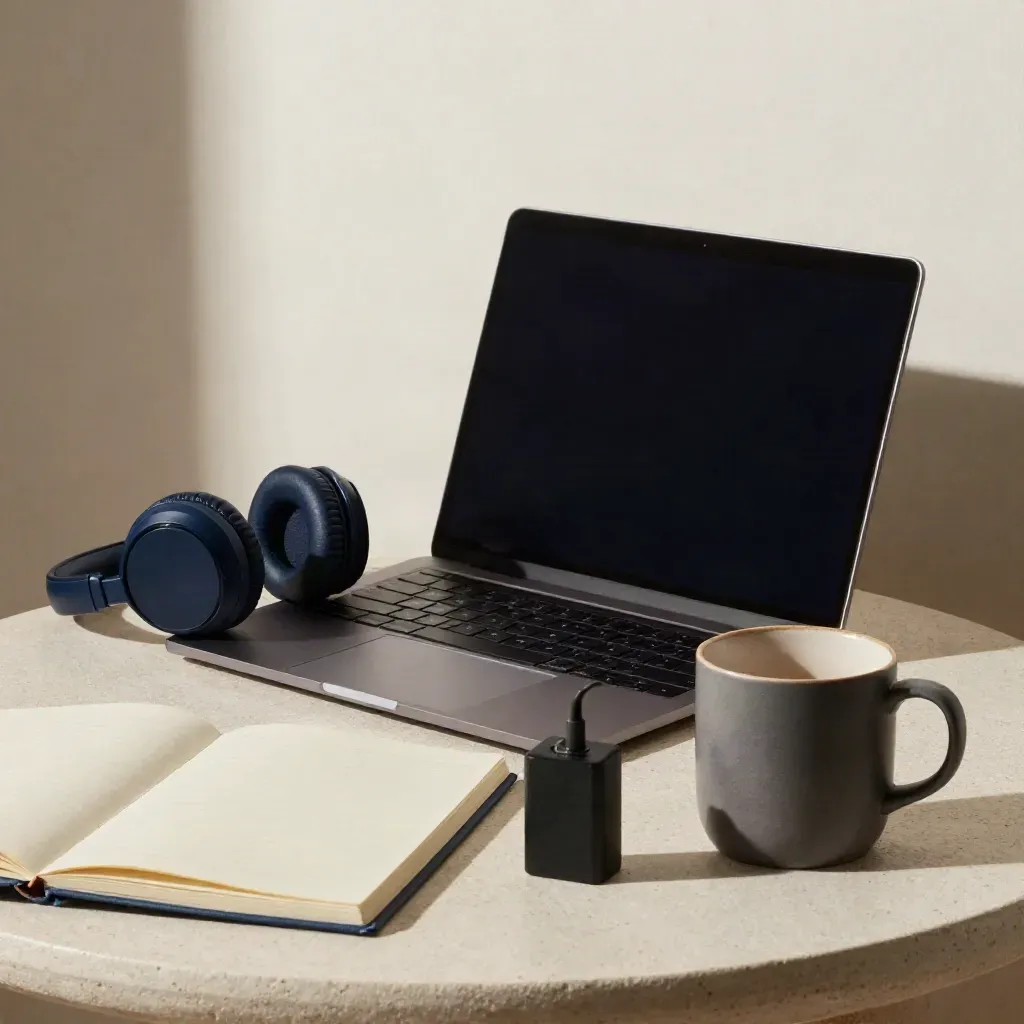 Laptop, słuchawki, notes i kubek na jasnym stoliku przed pierwszą lekcją.
