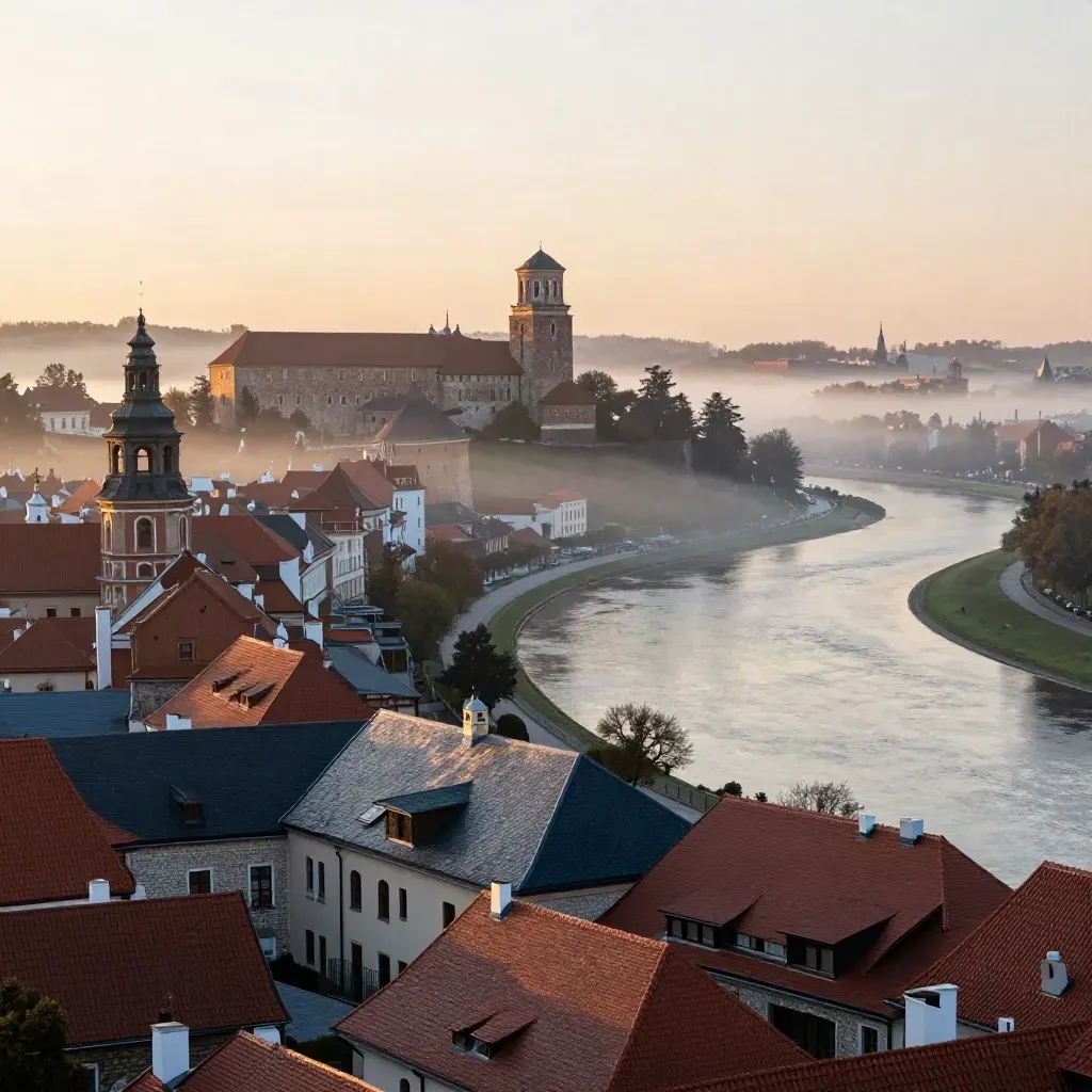 Wawel nad Krakowem we mgle o złotym świcie.