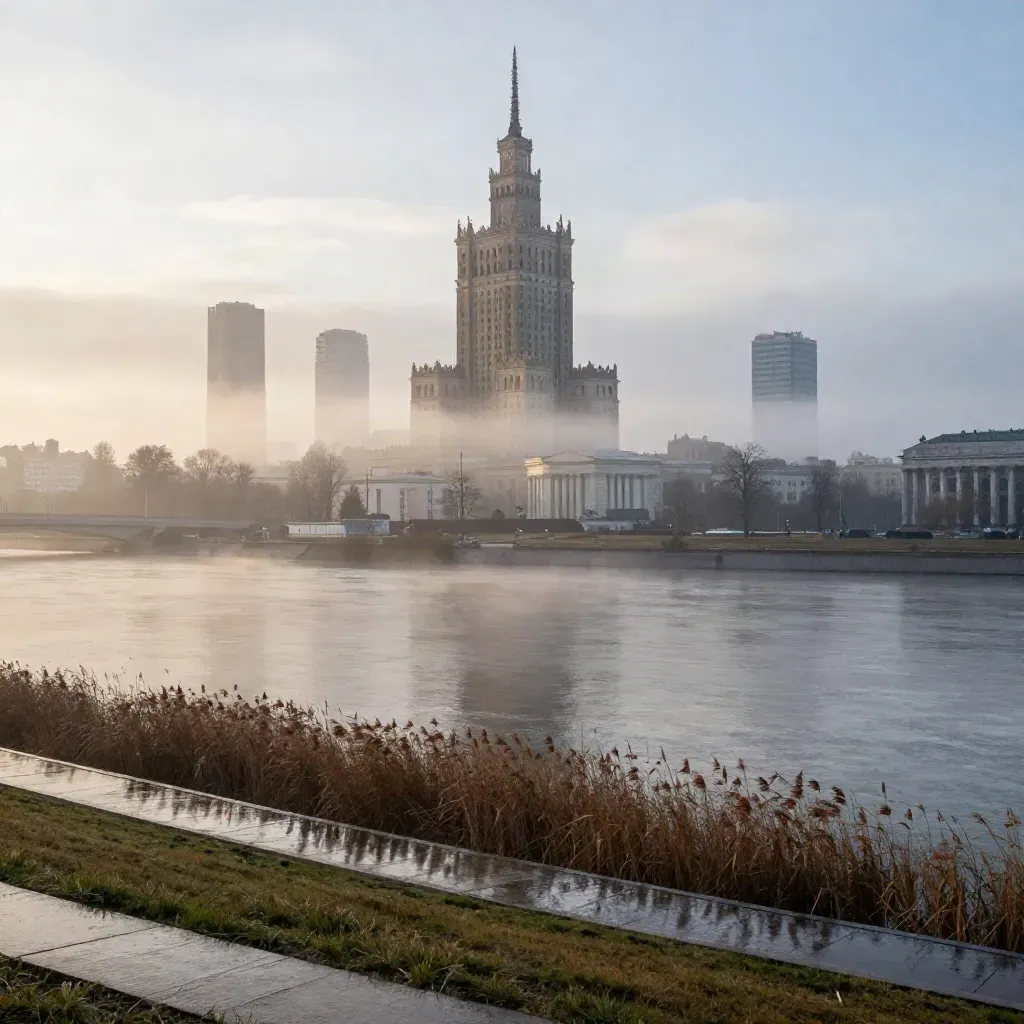 Warszawa o świcie we mgle, sylwetka Pałacu Kultury nad Wisłą