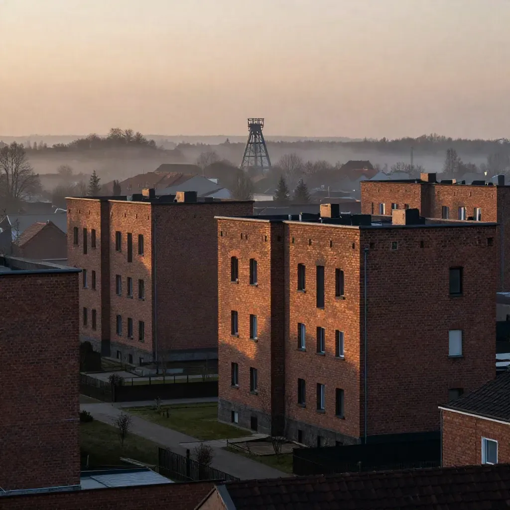 Wieczorny Nikiszowiec we mgle, czerwone bloki i szyb górniczy nad spokojnym tłem.