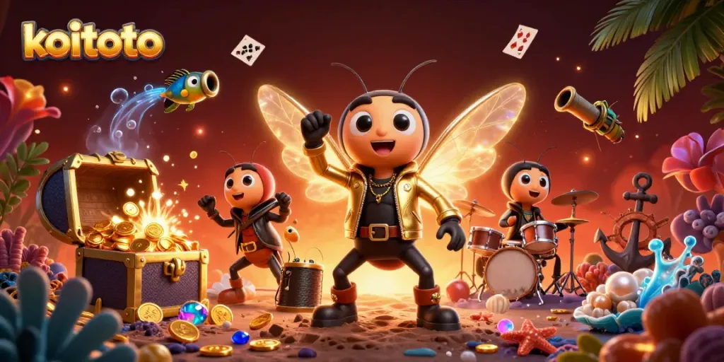 KoiToto menghadirkan gambar 3D cicada rock star dan pemain lainnya di atmosfer kasino yang meriah.