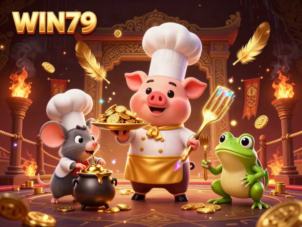 Experience the thrill of WIN79 with a 3D cartoon chef pig serving gold coins in a vibrant casino atmosphere.
