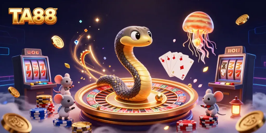Experience cosmic gambling at TA88 featuring a vibrant Saturn casino with animated characters and winning elements!