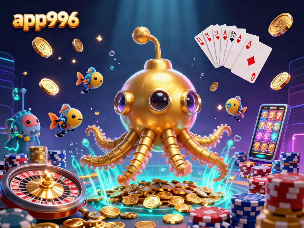 app996 showcases a vibrant casino scene with cascading coins and gems, illuminated by colorful lights.