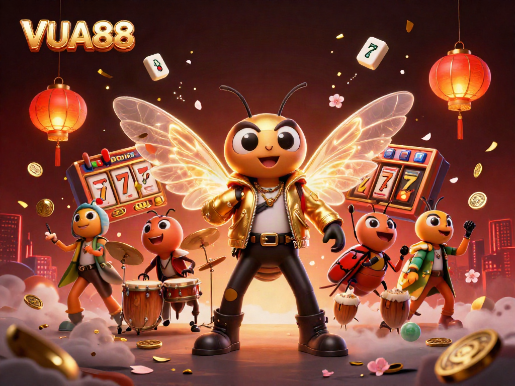 Experience the festive world of VUA88 with dynamic visuals showcasing casino excitement, vibrant symbols, and energetic characters.