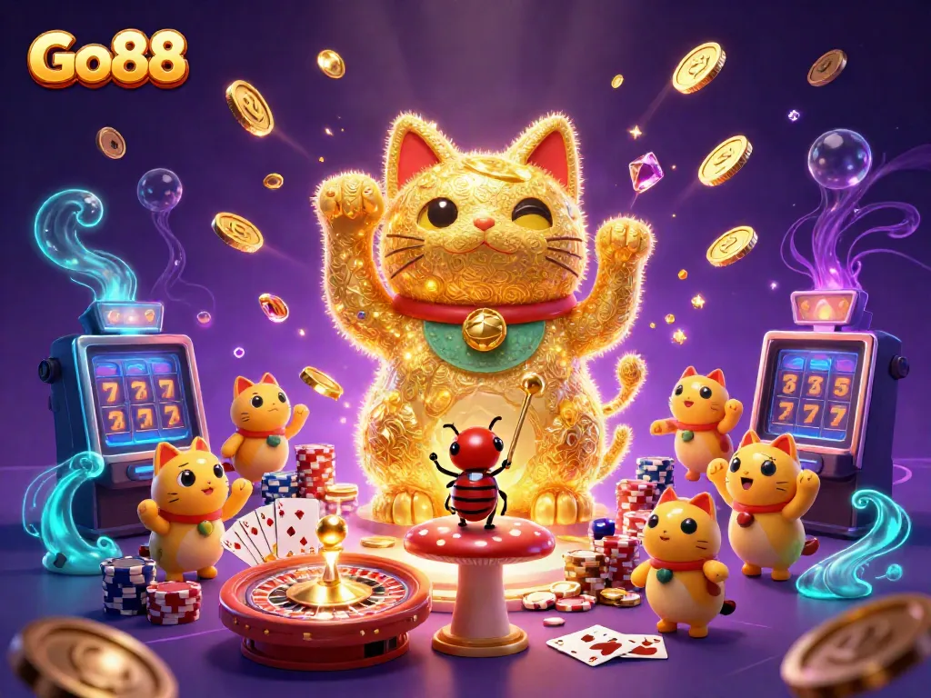 Experience casino excitement with Go88's vibrant 3D illustration featuring a lucky cat and engaging game elements.