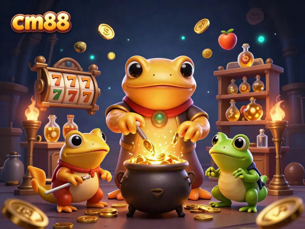 Experience the magic of cm88 with a golden salamander alchemist creating coins from magic in an enchanting casino scene.