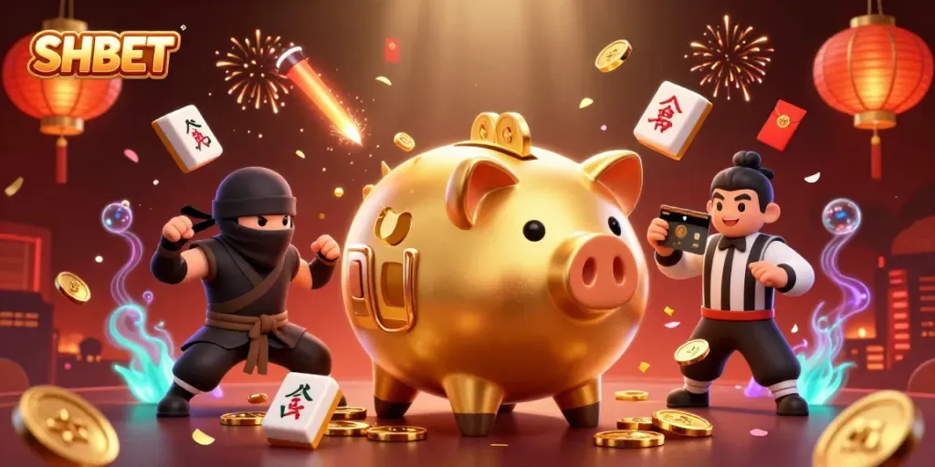 Experience excitement at SHBET with a lively scene of a golden piggy bank sumo wrestler amidst vibrant gaming elements.