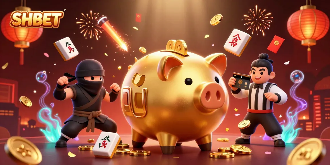 Experience excitement at SHBET with a lively scene of a golden piggy bank sumo wrestler amidst vibrant gaming elements.
