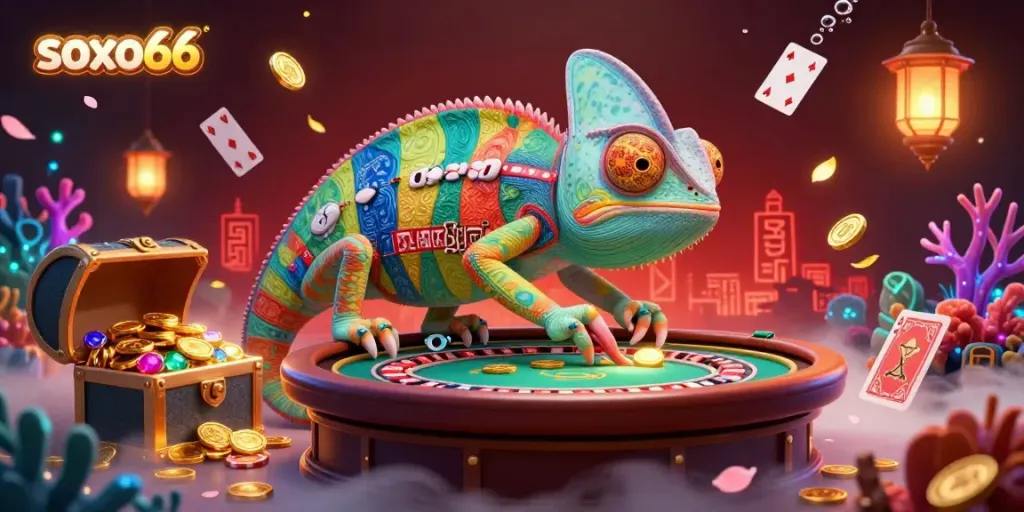 Saxo66 casino owner chameleon expertly capturing golden coins in a vibrant gambling scene.