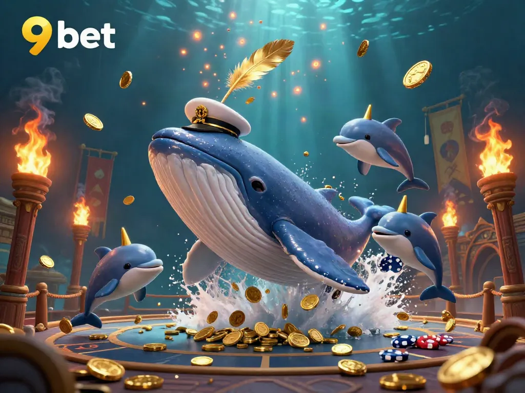 Experience the thrill of 9 bet with a colorful underwater scene featuring a whale and playful dolphins.