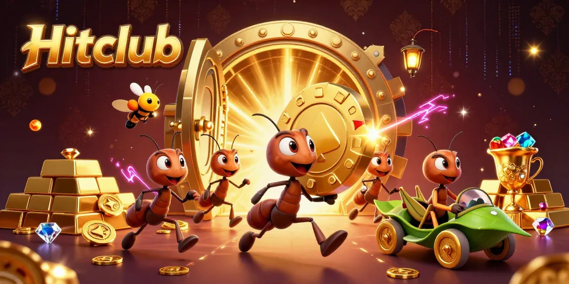 Hitclub ants executing a heist with a giant poker chip amid treasures in a lavish casino scene.