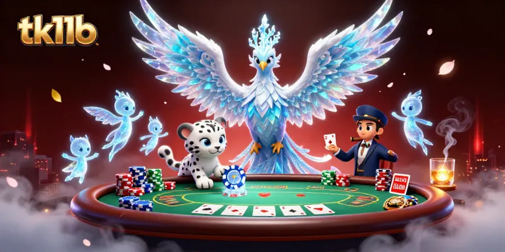 Engage with the vibrant tk11b casino scene featuring an ice phoenix and dazzling poker elements.