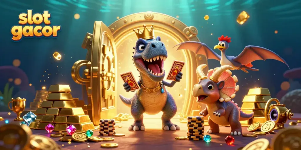 Slot gacor dengan karakter unik bermain kartu dan menumpuk chip emas yang menarik.