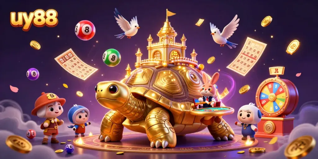 Experience excitement with uy88 where a golden tortoise carries a casino palace surrounded by dynamic game elements.