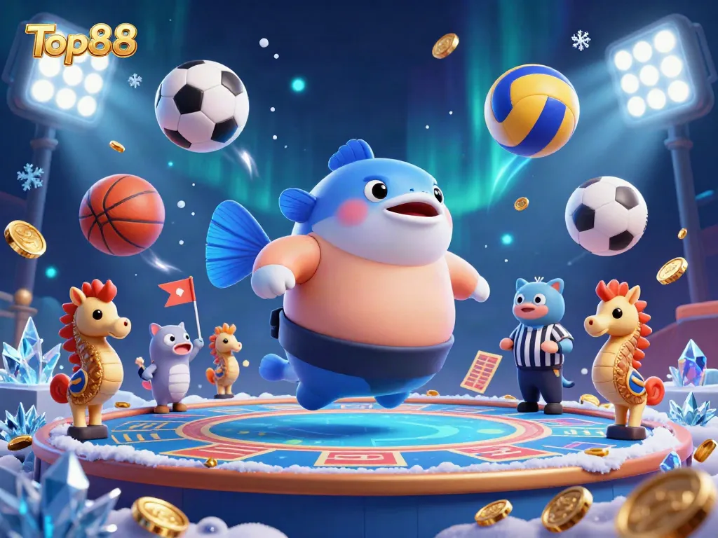 Experience Top88's vibrant underwater casino action with a blowfish sumo, referee catfish, and cheering seahorses.