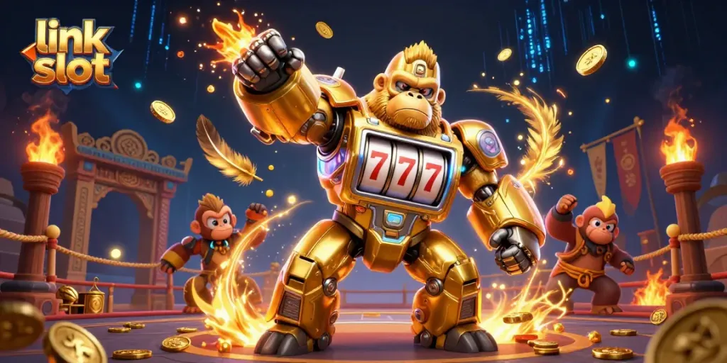 Experience thrilling gameplay with the link slot featuring an explosive 3D gorilla mech in action.