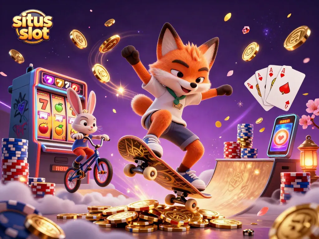 Playing slots with situs slot, featuring a fox skateboarding through vibrant casino elements.