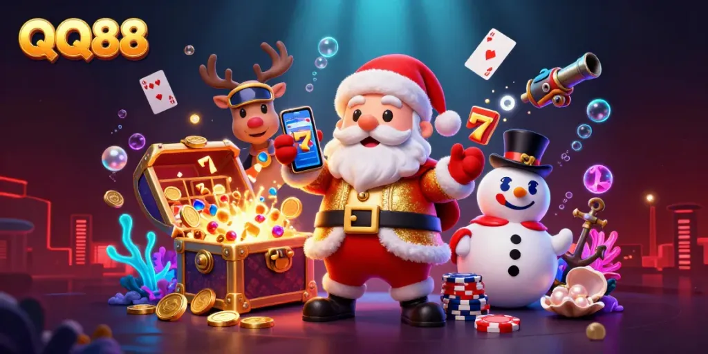 Experience exciting slots at QQ88 with Santa Claus and vibrant casino elements in a dynamic 3D scene.