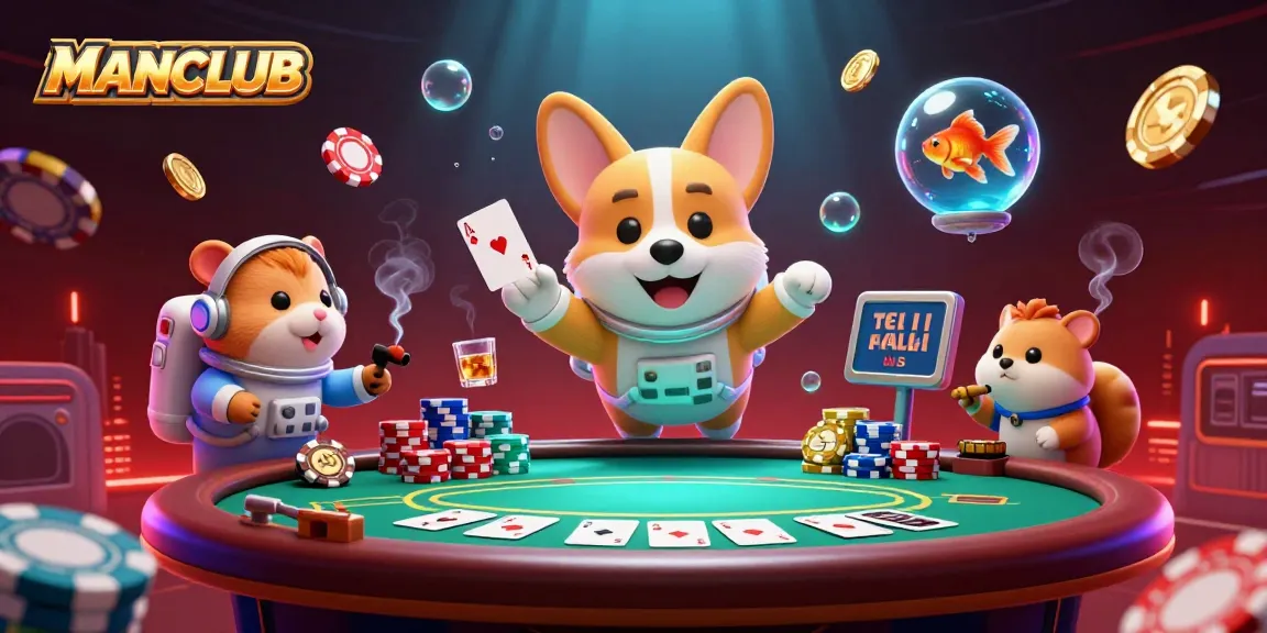 MANCLUB engages players with an astronaut corgi in a casino scene full of drifting poker chips and glowing colors.