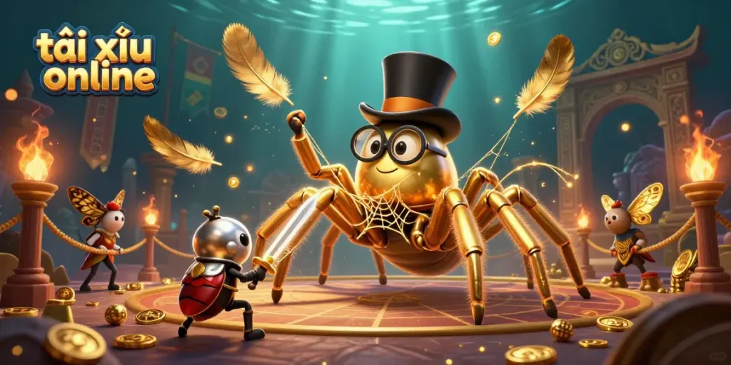 Engaging scene of a giant golden tarantula weaving a web in a vibrant tài xỉu online casino setting.