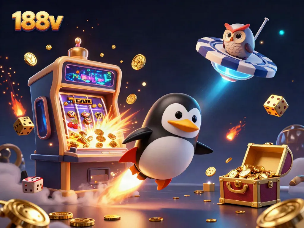 Engage in the 188v adventure with a golden penguin taking flight towards a thrilling casino experience.