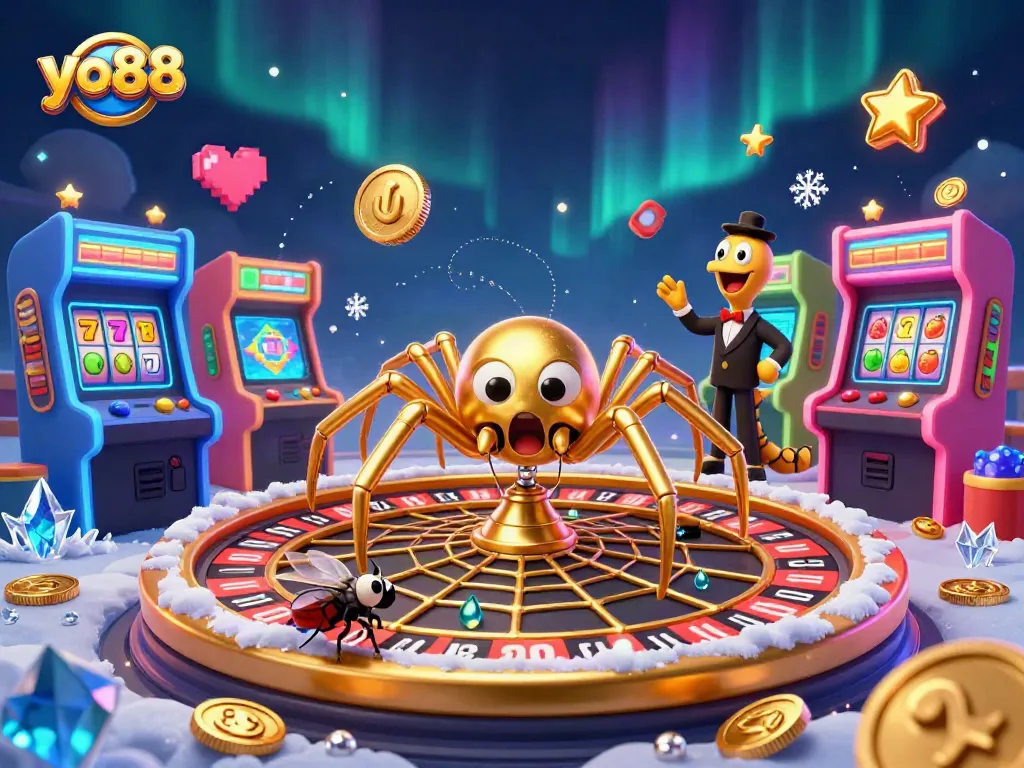 Bets placed at yo88 by a nervous fly in a vibrant casino-themed illustration.