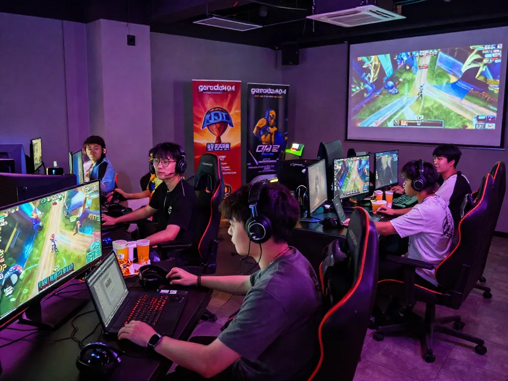 Engaged gamers enjoying competitive matches on garuda404 platform in a vibrant gaming lounge