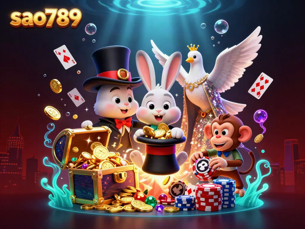 Experience the magic of sao789 with a magician pulling coins from a hat in a lively casino-themed scene.