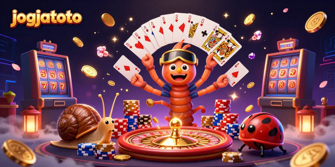 Experience dynamic gameplay with jogjatoto in this vibrant casino illustration featuring a lively dealer and exciting game elements.