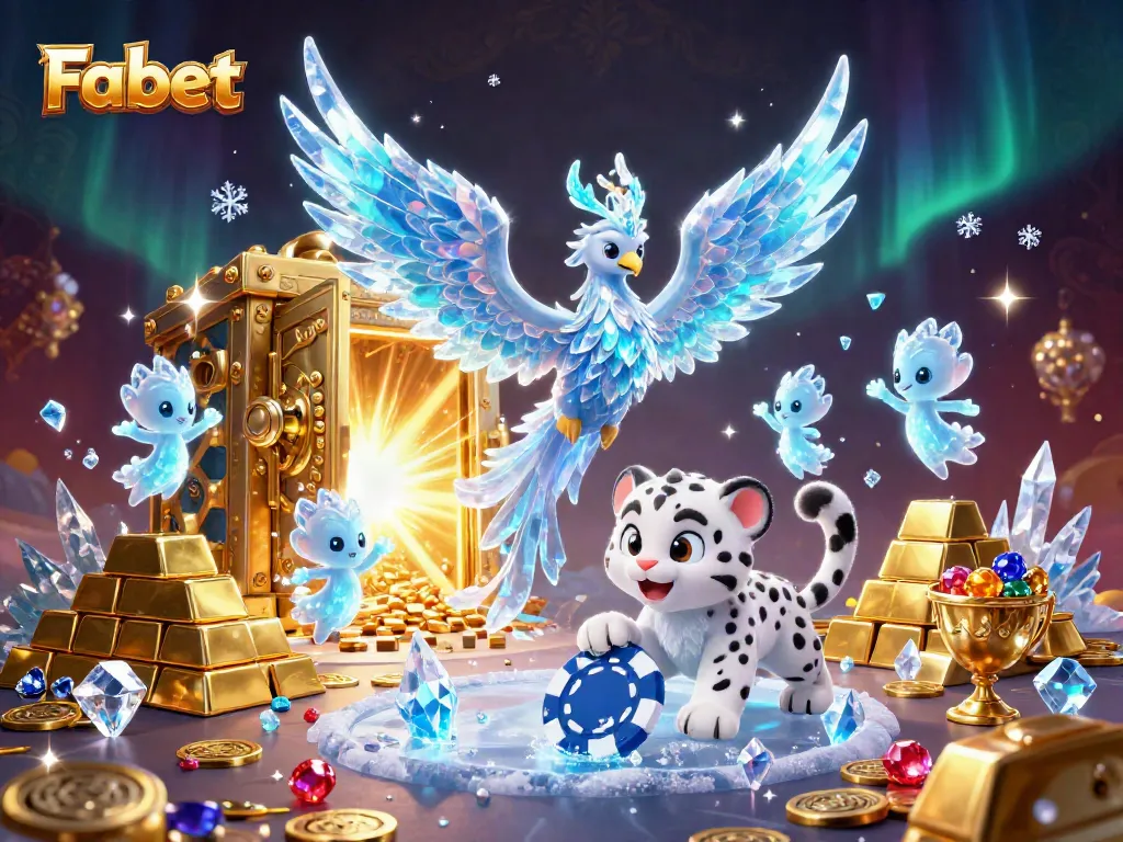 Fabet's captivating 3D scene showcases a magical ice phoenix and playful snow leopard amidst dazzling treasure.