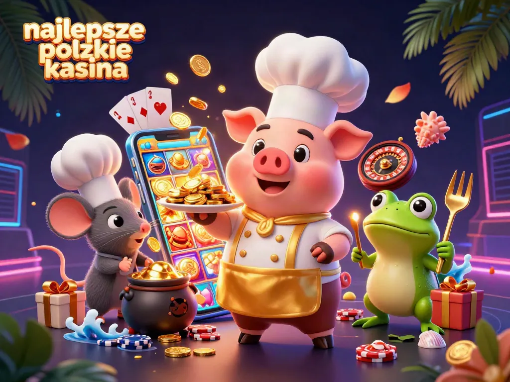 Engage with najlepsze polskie kasyna as chef pig serves gold coins in a vibrant casino scene.