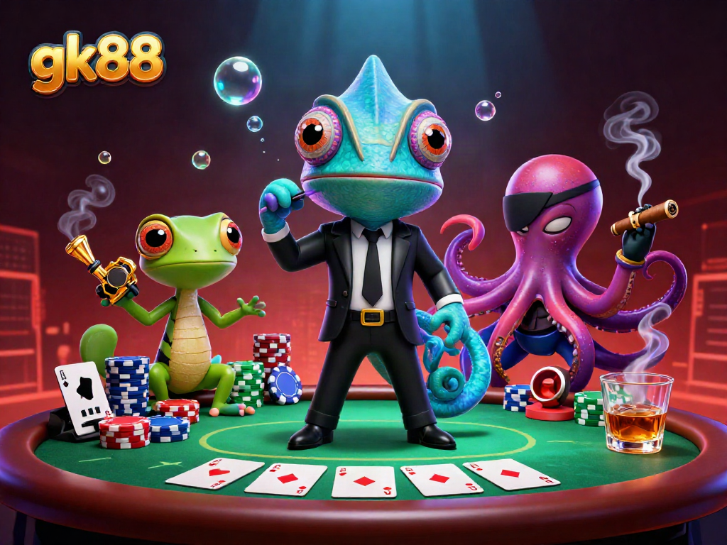 Engage in thrilling gameplay with gk88's animated casino scene featuring a colorful poker setup.