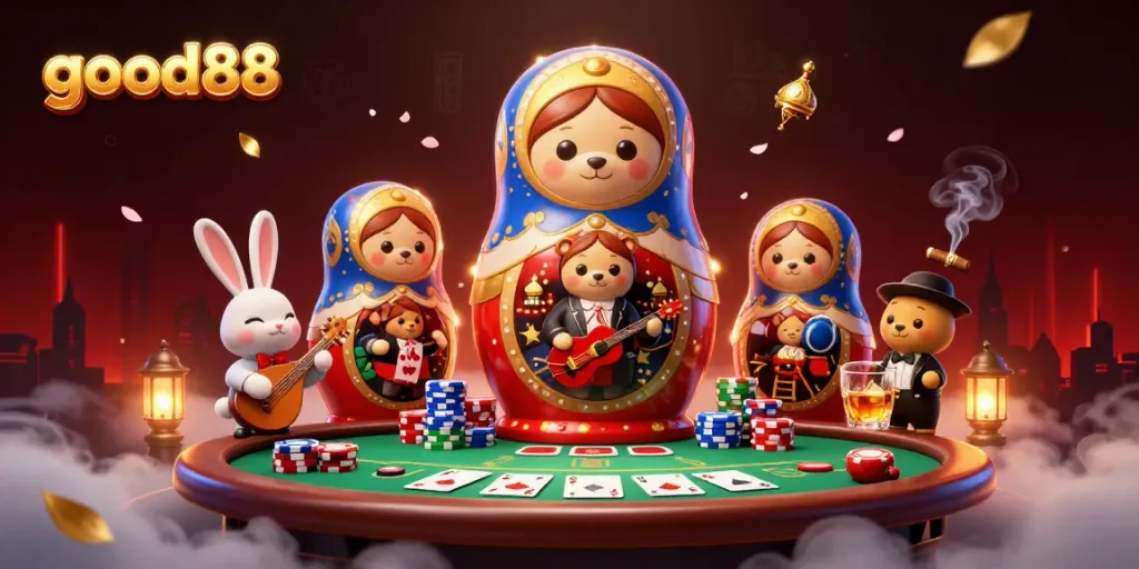 good88 showcases a vibrant casino scene with bears and a balalaika-playing rabbit celebrating with poker elements.