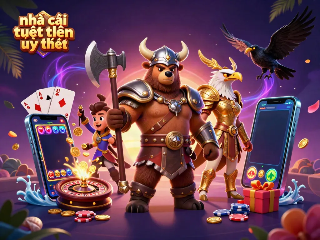 Spin and win with nhà cái trực tuyến uy tín as a Viking bear and Valkyrie eagle celebrate winning slots.