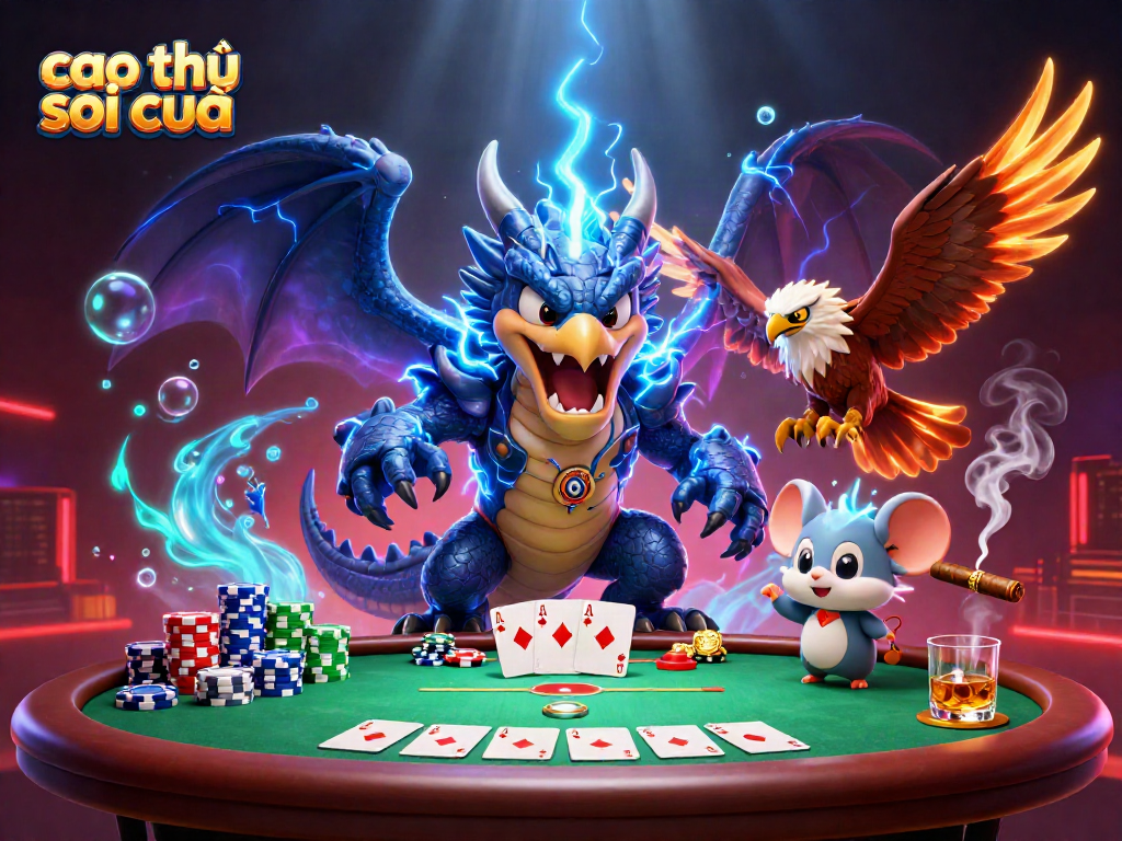 Join the cao thủ soi cầu adventure with a thunder dragon and hawk at a colorful poker table.