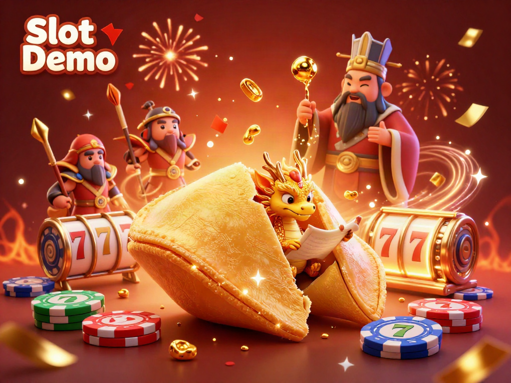 Experience the excitement of Slot Demo through a vibrant 3D illustration showcasing a dragon with slot reels and jackpot elements.