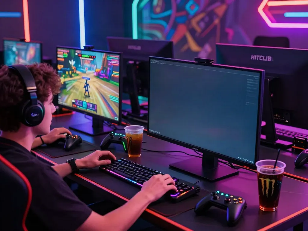 Engaged user at HITCLUB enjoying immersive online gaming experience with vibrant LED setup.