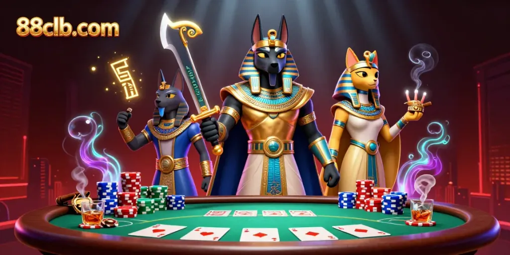 Engage with thrilling poker action at 88clb-com featuring Anubis and Bastet.