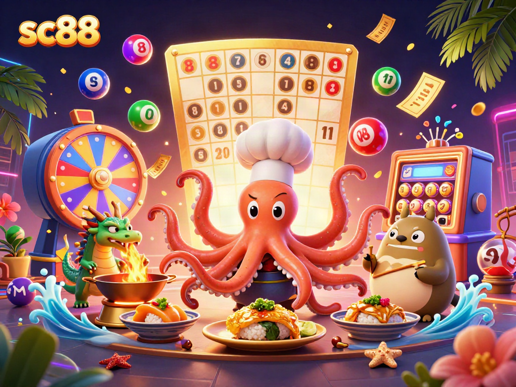 Experience vibrant gaming with SC88 as our chef octopus crafts dishes amidst a thrilling lottery atmosphere.