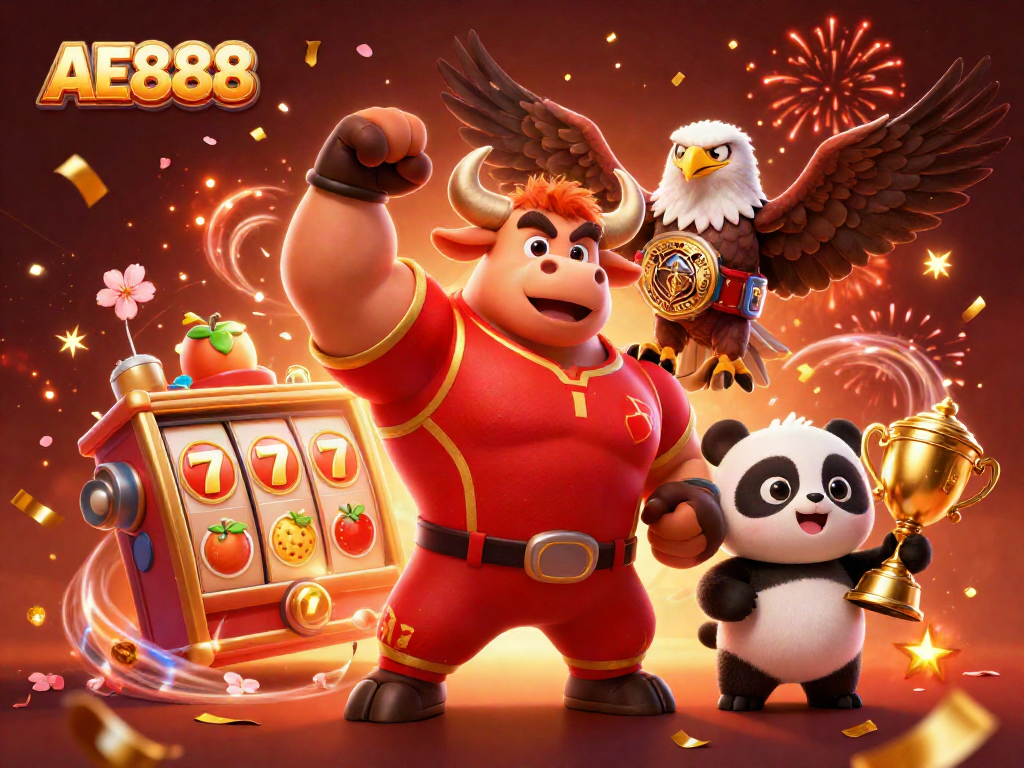 Celebrate casino wins with AE888 featuring a bull mascot, eagle, and panda in a vibrant 3D scene