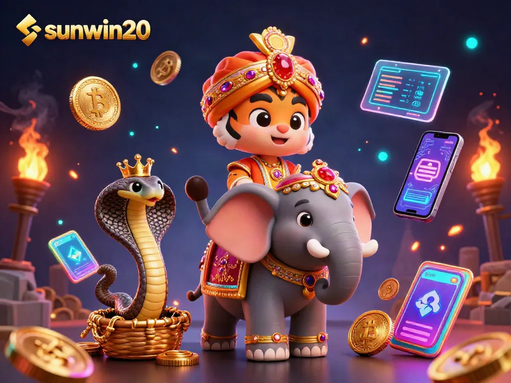 Experience the thrill of gaming with sunwin20’s vibrant 3D illustration showcasing a maharaja atop a treasure-filled elephant amidst blockchain elements.