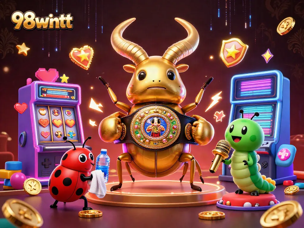 Experience exciting gameplay at 98wintt with a colorful 3D casino illustration featuring charismatic characters.